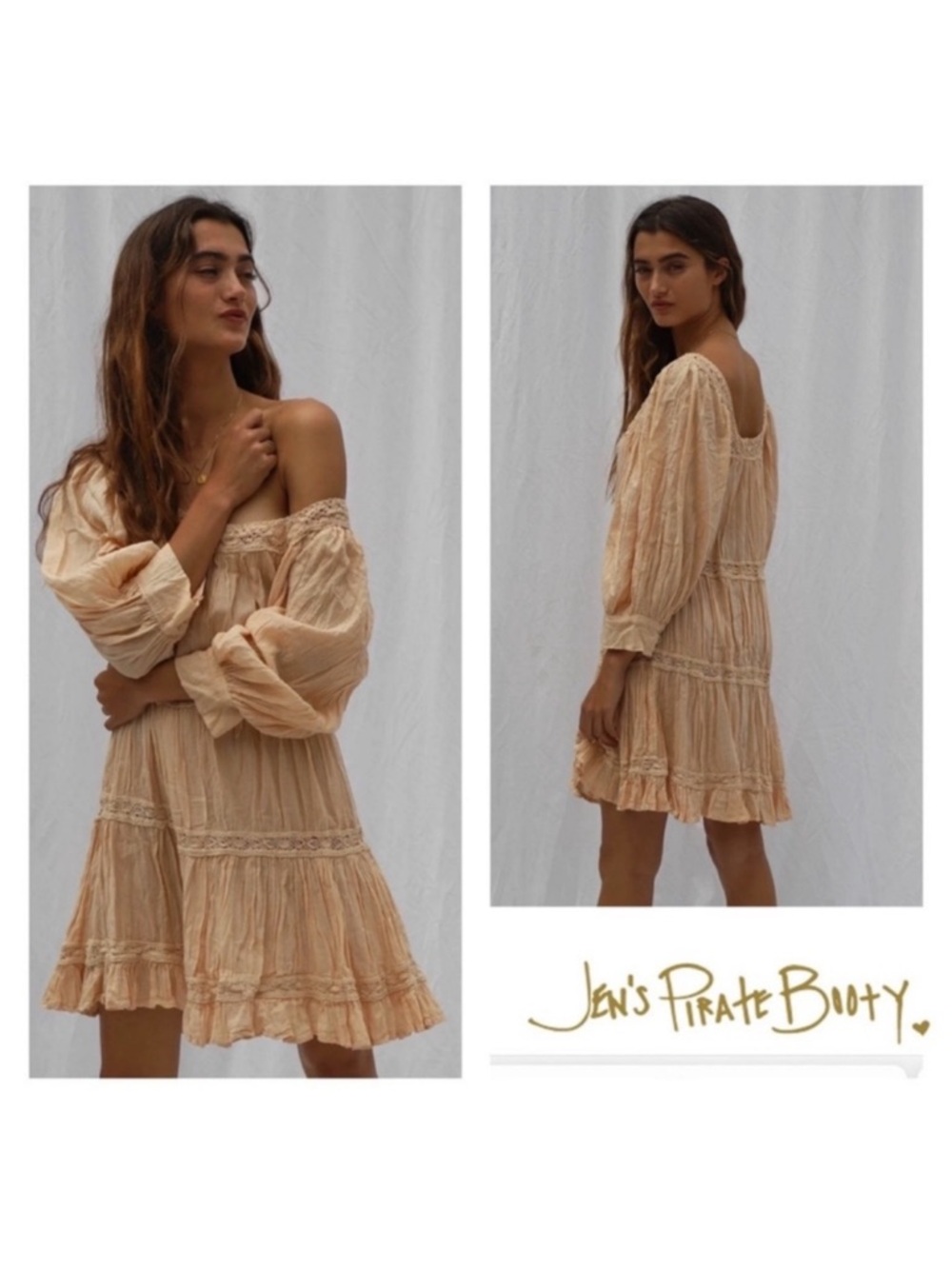 New! JEN'S PIRATE BOOTY Almond Lace Tiered Ruffled Mini Dress in Peachy Tan - Picture 2 of 12
